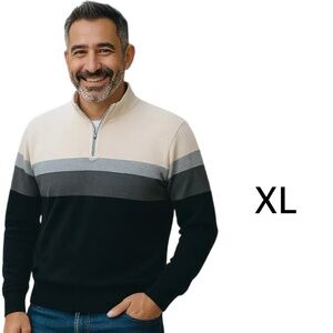 TU Men’s Waffle Knit 1/4 Zip Pullover Sweater – Size XL – Black, Grey & Cream